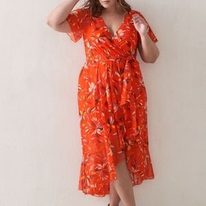 Addition Elle Women's 2X Bright Summer Orange Floral High Low Wrap Dress